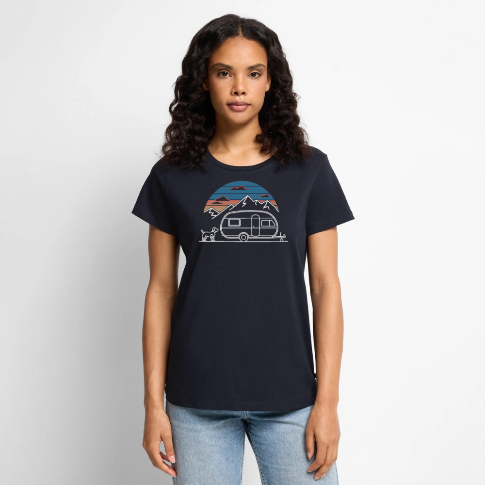 Wohnwagen mit Hund - Damen Camping T-Shirt - Navy
