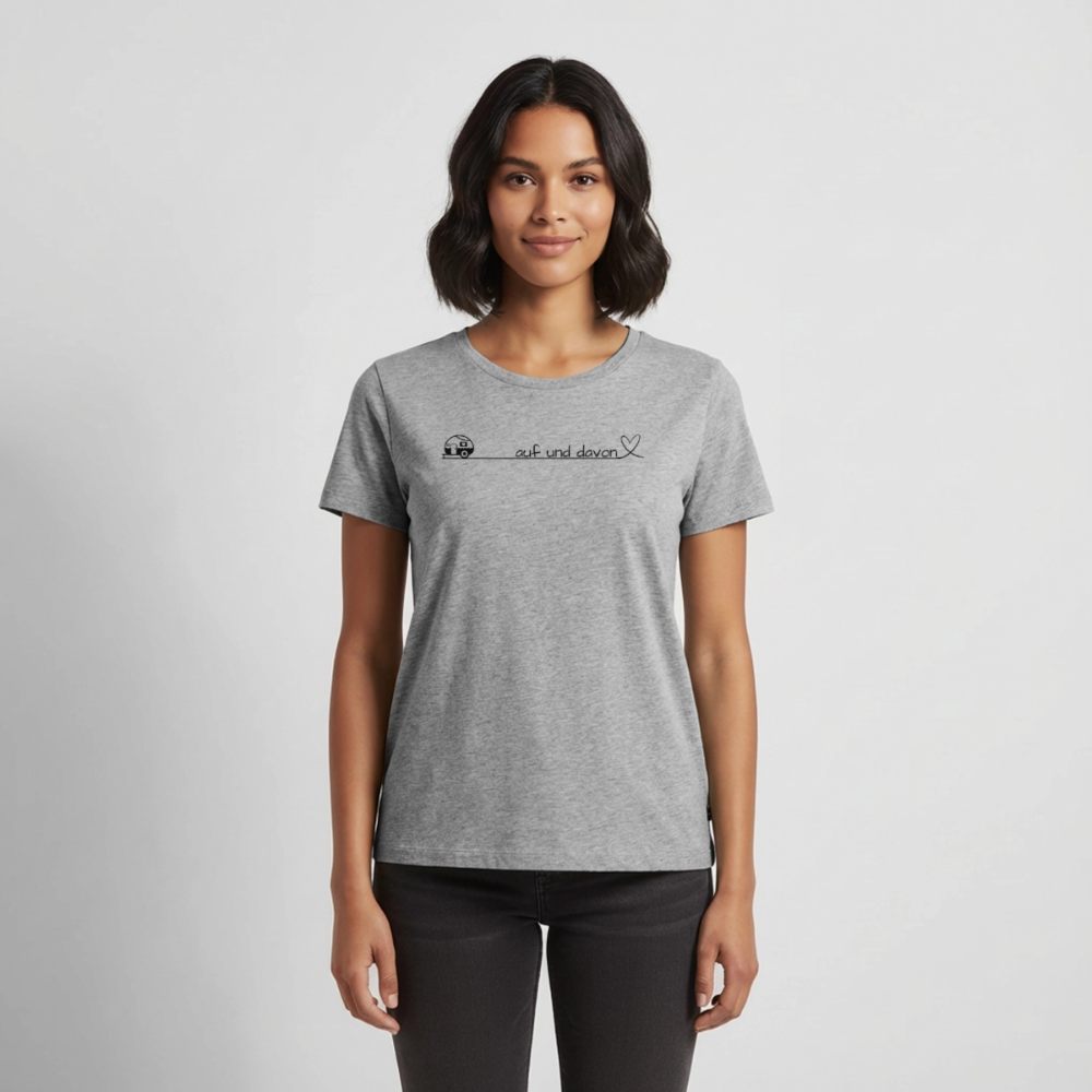 Auf und Davon - Damen Camping T-Shirt - Wohnwagen - Grau meliert