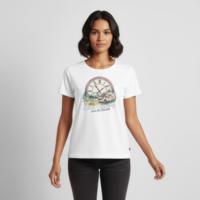 Zeit steht still - Damen Camping T-Shirt - Wohnmobil - Weiß