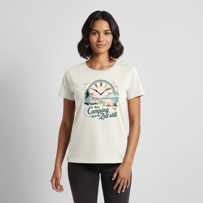 Zeit steht still - Damen Camping T-Shirt - Wohnwagen - Naturweiß