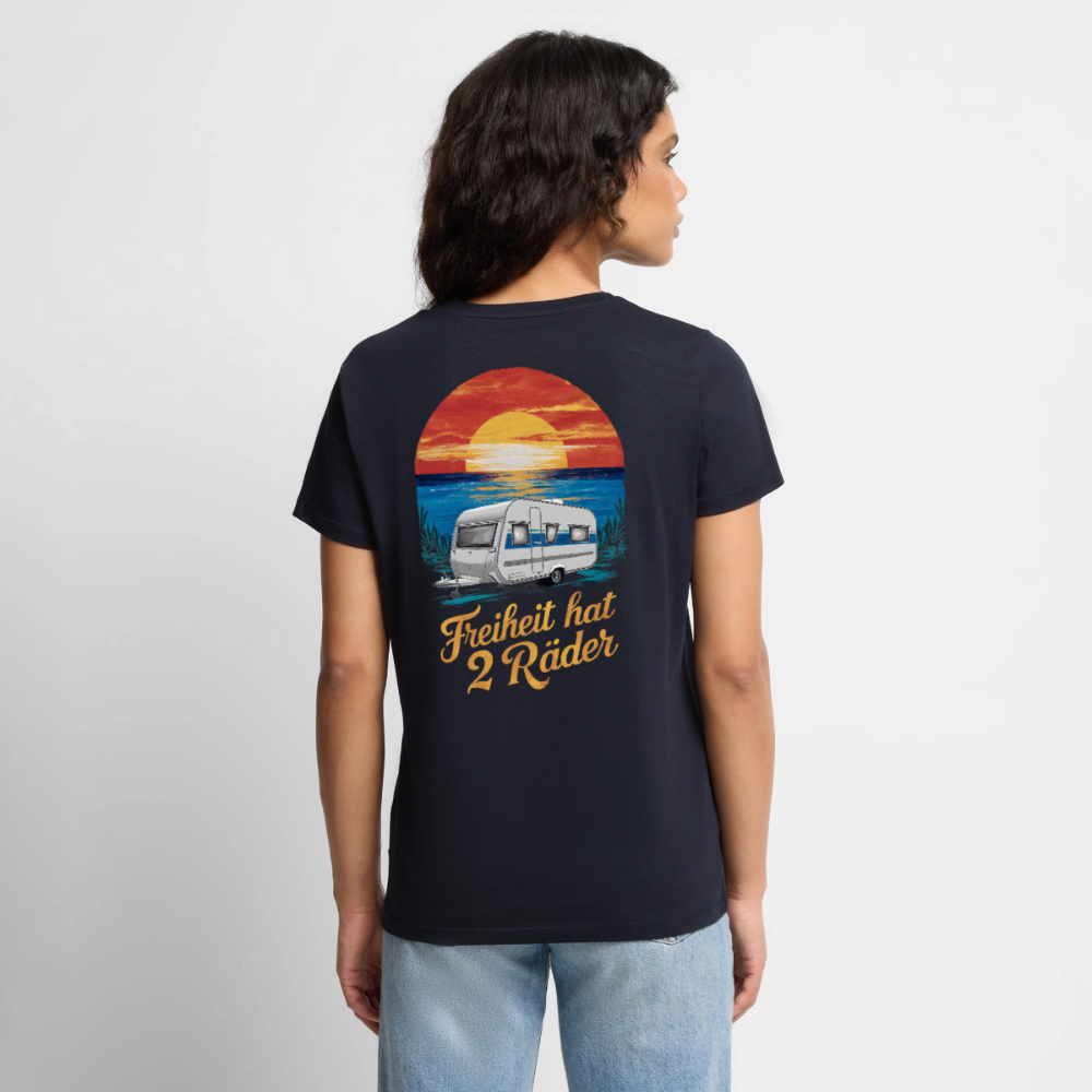 Freiheit hat 2 Räder - Damen Camping T-Shirt - Wohnwagen - Navy