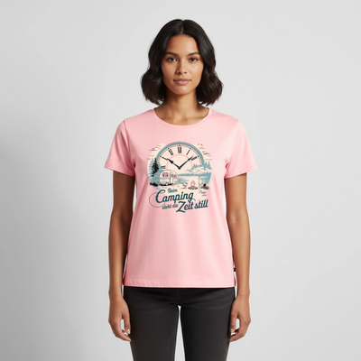 Zeit steht still - Damen Camping T-Shirt - Wohnwagen - Rosa