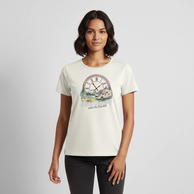 Zeit steht still - Damen Camping T-Shirt - Wohnmobil - Naturweiß