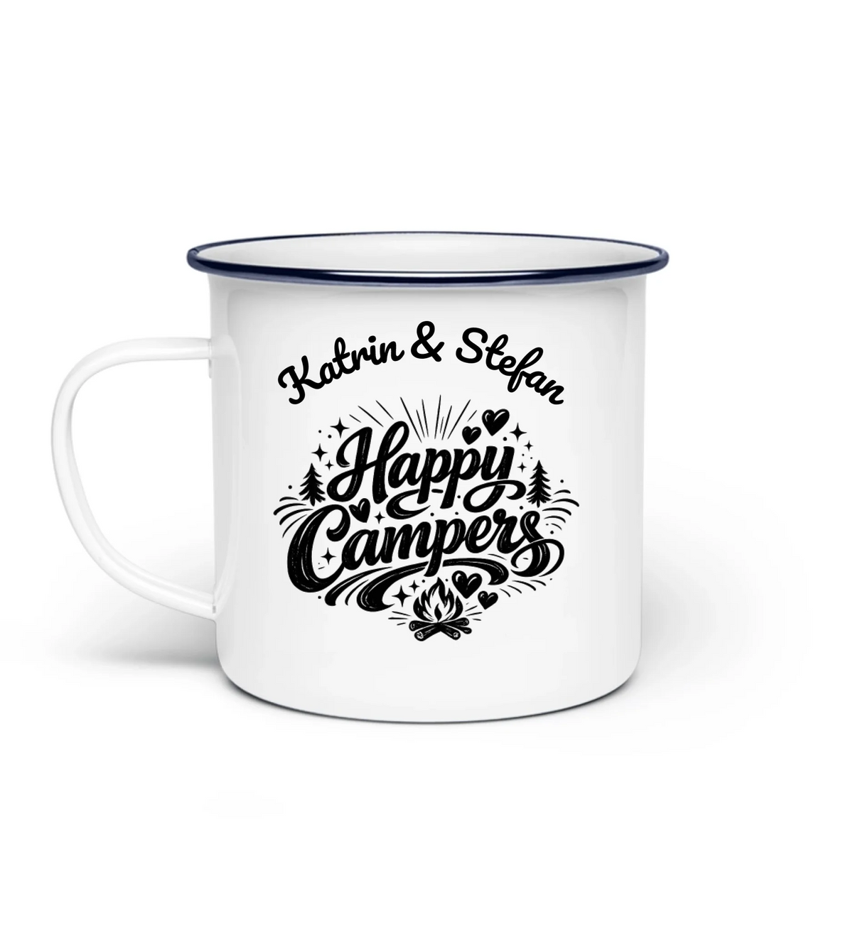 Happy Camper - Emaile Kaffeetasse - Personalisierbar