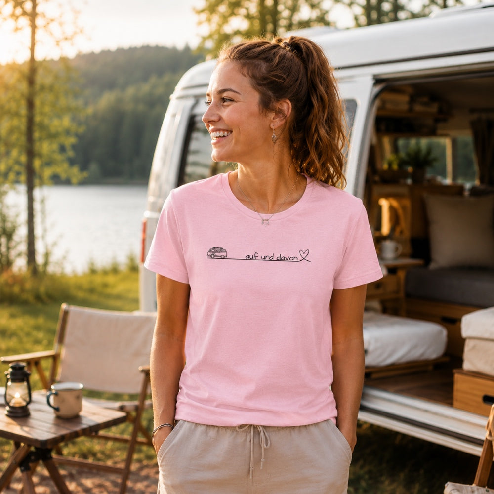 Auf und Davon - Damen Camping T-Shirt - Bulli
